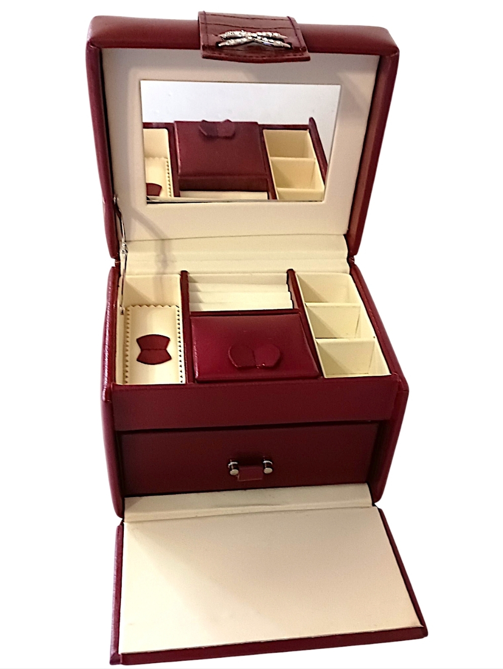 Wolf Designs Jewelry‎ Box Burgundy Red Faux Leather Mirror Fold Out Rhinestones